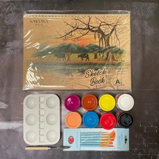 Set hoạ cụ học vẽ màu nước cho bé đầy đủ. Gồm: 1 Sổ, 8 màu Gouache, 1 bộ cọ, 1 khay + 1 bay pha màu