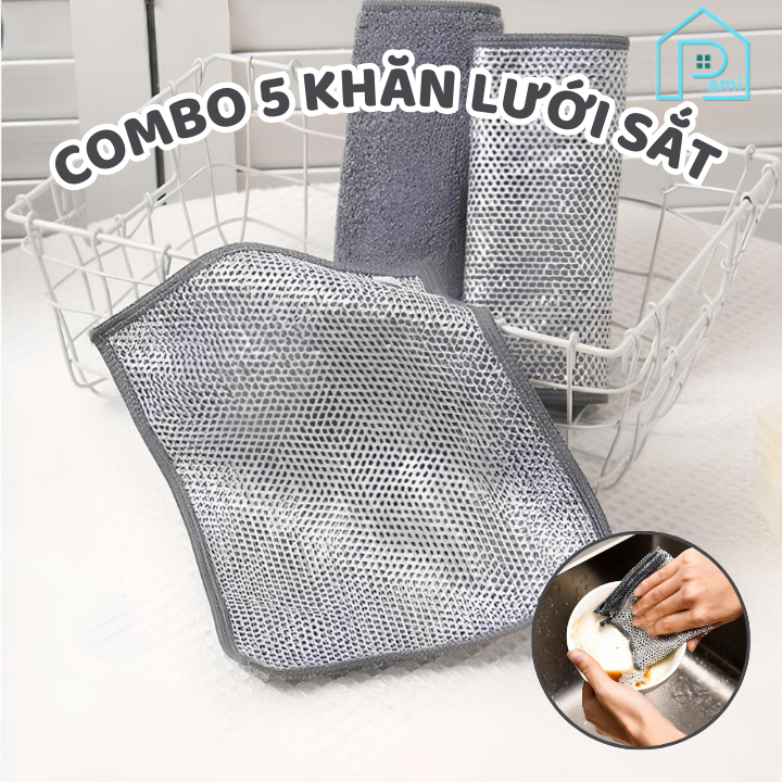 Set 5 Khăn lưới Pami Home dùng lau chén dĩa chất liệu sợi kim loại chống bám dầu dễ dàng rửa sạch