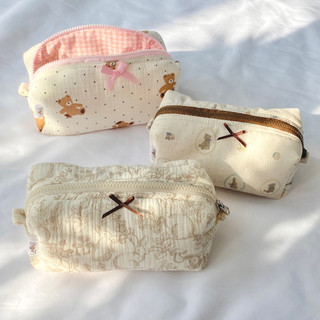 [Chần bông] Pouch Make up/ Hộp bút hình thỏ vintage và hình gấu gắn nơ đựng mỹ phẩm, vật dụng cá nhân