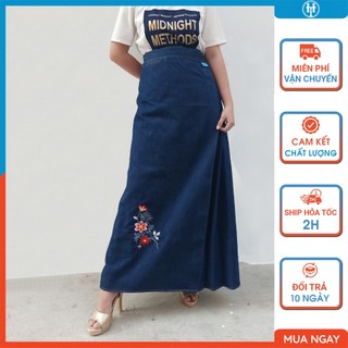 Chân váy chống nắng jean nữ cao cấp vải cotton dày dặn có túi thêu hoa đào JHT107 H&T FASHION