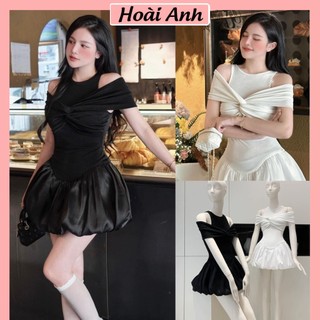 Váy Bồng Gấu Dáng Ngắn Phối Xoắn Ngực Trễ Vai 2 Lớp Có Quần Trong Đầm Nữ Ôm Body Thân Phối Phồng Gấu