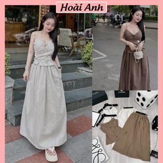 Set Bộ Đồ Nữ Kaki 2 Da Áo 2 Dây Cúp Ngực Cài Cúc Lưng Chun Có Đệm Ngực Mix Chân Váu Dáng Dài Xòe Rộng Freesize