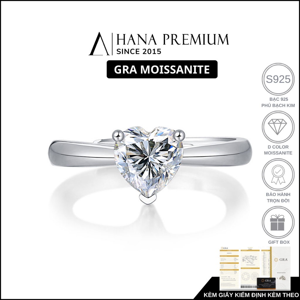 Nhẫn Bạc 925 Kim Cương Heart Cut Moissanite 1CT Phủ Bạch Kim Không Mờ, Nhẫn Cầu Hôn Trái Tim Moissan