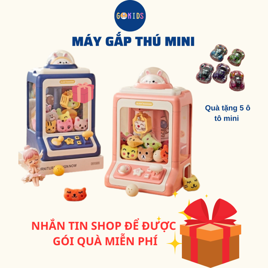 Máy gắp thú mini cho bé Máy gắp gấu bông mini có sẵn gấu, 2 màu xanh hồng