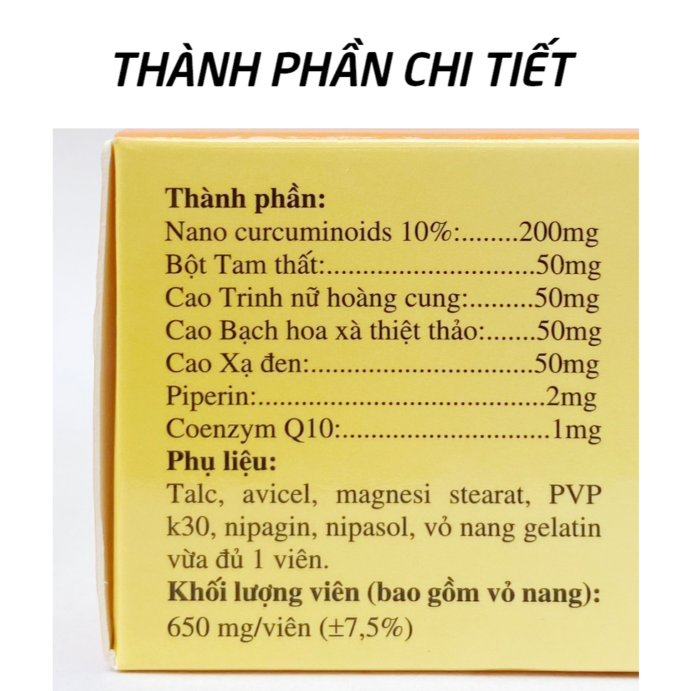 Viên tinh nghệ Nano Curcumin Tam Thất Xạ Đen giảm viêm loét dạ dày, tá tràng Vỉ 30 viên [Nano Curcumin HDPHARMA]