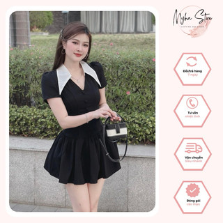 Đầm thiết kế tiểu thư cổ trắng sơ mi vạt nhọn nút khuy bọc