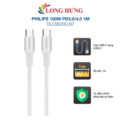 Cáp USB Type-C to Type-C Philips 100W PD3.0/4.0 1m DLC9530C/97 - Hàng chính hãng