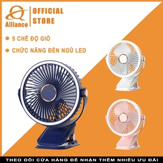 QQLH STORE Quạt Kẹp Bàn Mini Tích Điện, 5 Chế Độ Gió, Quạt Tích Điện Xoay 360 Kèm Đèn Ngủ