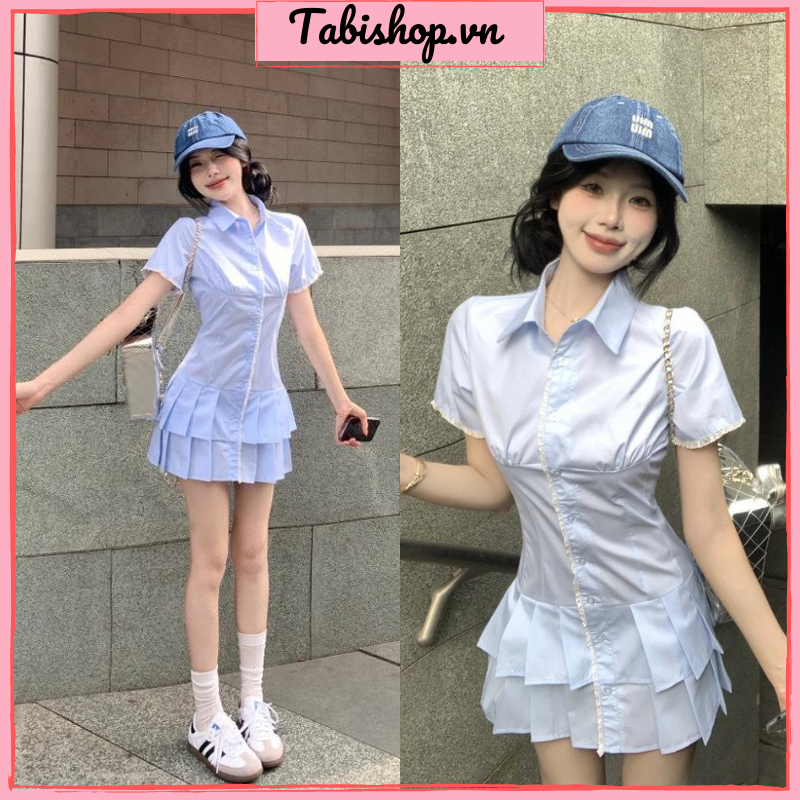 Đầm sơ mi xanh phối xếp ly TABISHOP Váy nữ tiểu thư viền ren  phong cách Hàn Quốc mặc hè đi chơi đi biển xinh xắn