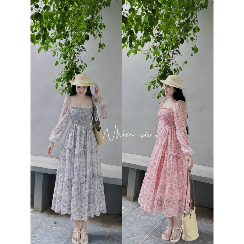 váy maxxi hoa cổ vuông chun L1