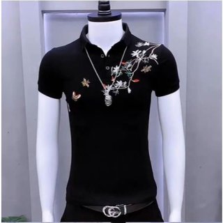 Áo polo nam form ôm body 2 màu đen trắng phối họa tiết hoa lá trẻ trung thanh lịch H84