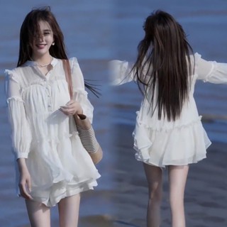 Set Đầm Babydoll Tay Dài Phối Voan Siêu Xinh Phong Cách Thoải Mái Trẻ Trung Đi Biển Siêu Nữ Tính