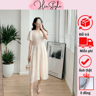 Váy Hoa Khuy Cúc Màu Be Tay Bèo Tiểu Thư Sang Chảnh Cao Cấp Hàng Thiết Kế