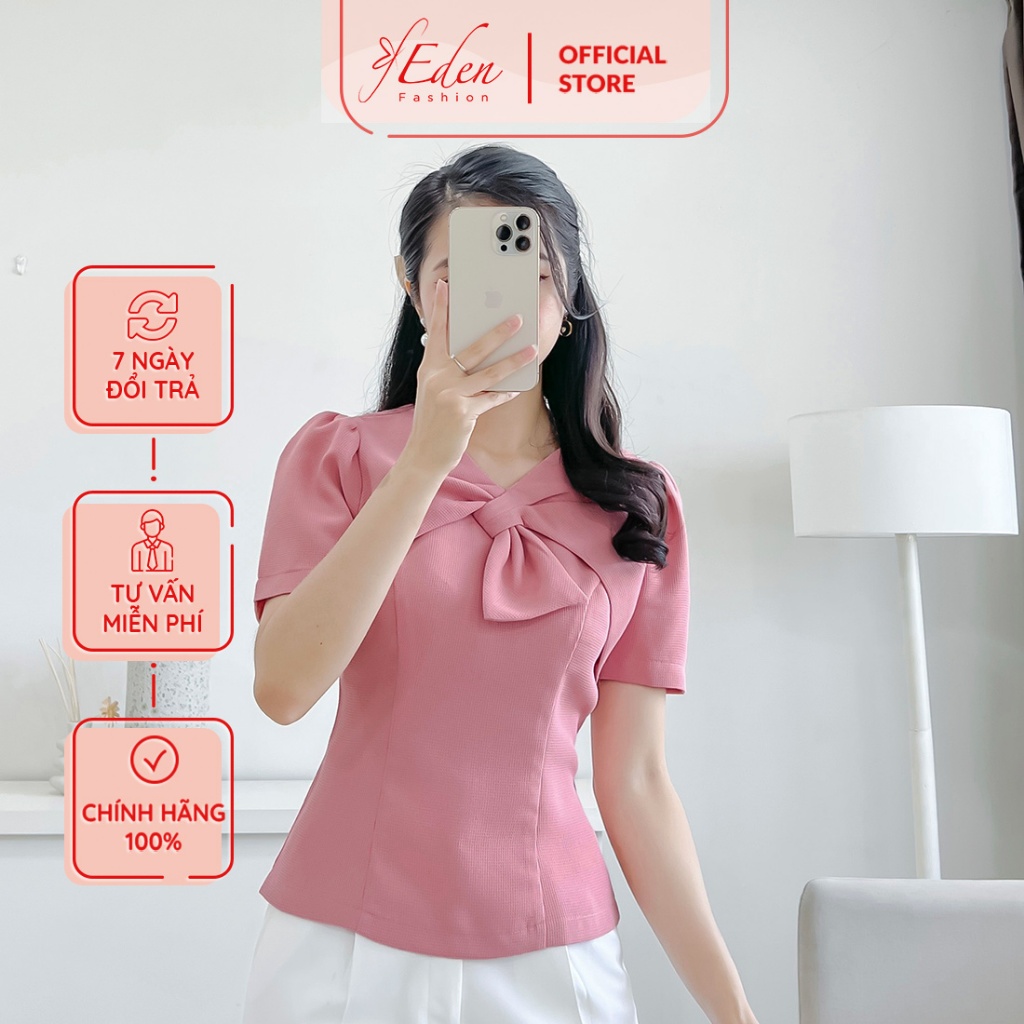 Áo kiểu nữ công sở tay ngắn cổ nơ cách điệu thời trang Eden - ASM204