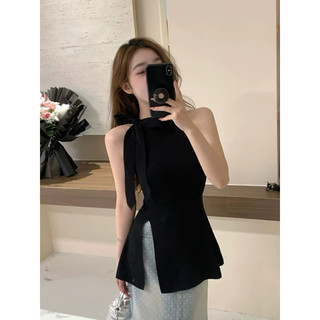 Áo len kim cột nơ cổ & tà xẻ cao