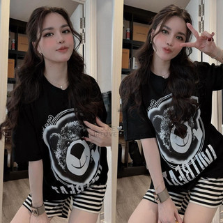 Sét bộ cotton quần kẻ đen trắng chữ iv.i.beat