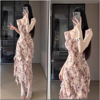 Đầm dài gợi cảm in hoa cổ v đan ngực phối bèo