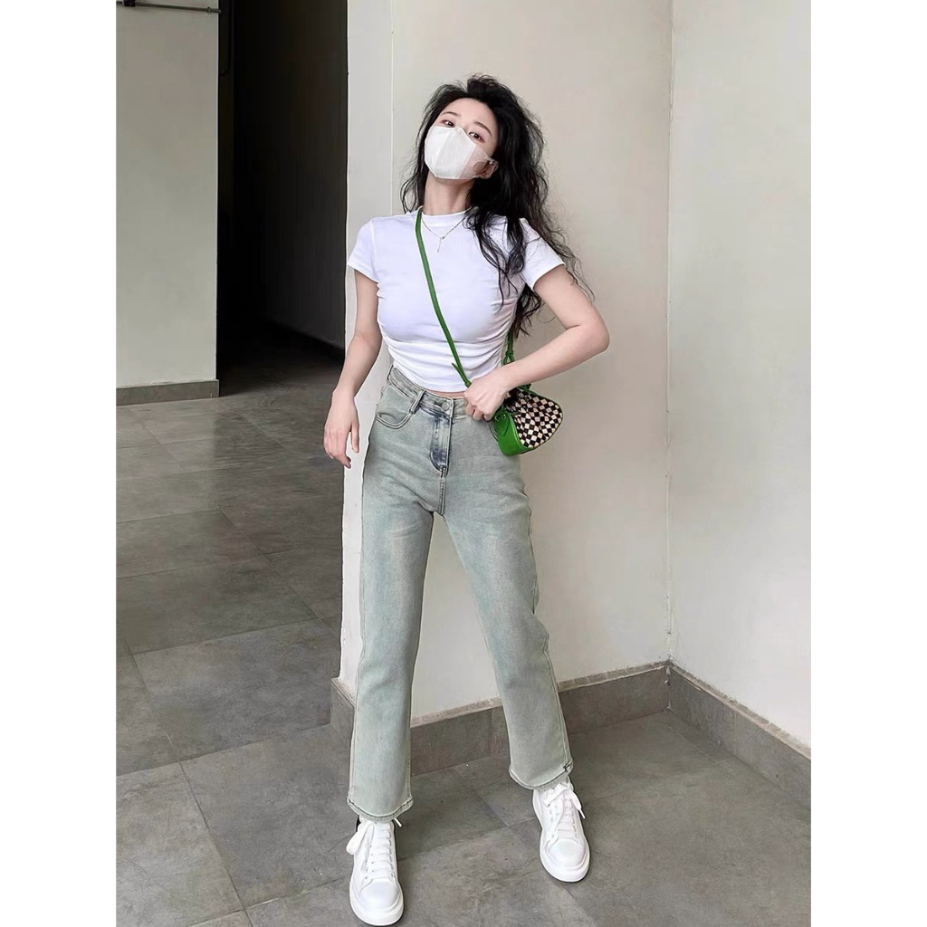 Quần jean ống đứng xanh nhạt hack dáng , Quần bò ống đứng lưng cạp cao tôn dáng đi học, đi chơi S31