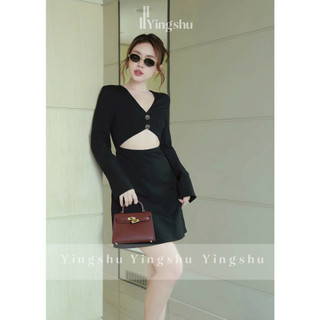 Đầm đen đi dự tiệc thiết kế cổ V hở bụng, tay dài sang chảnh - MARINA DRESS