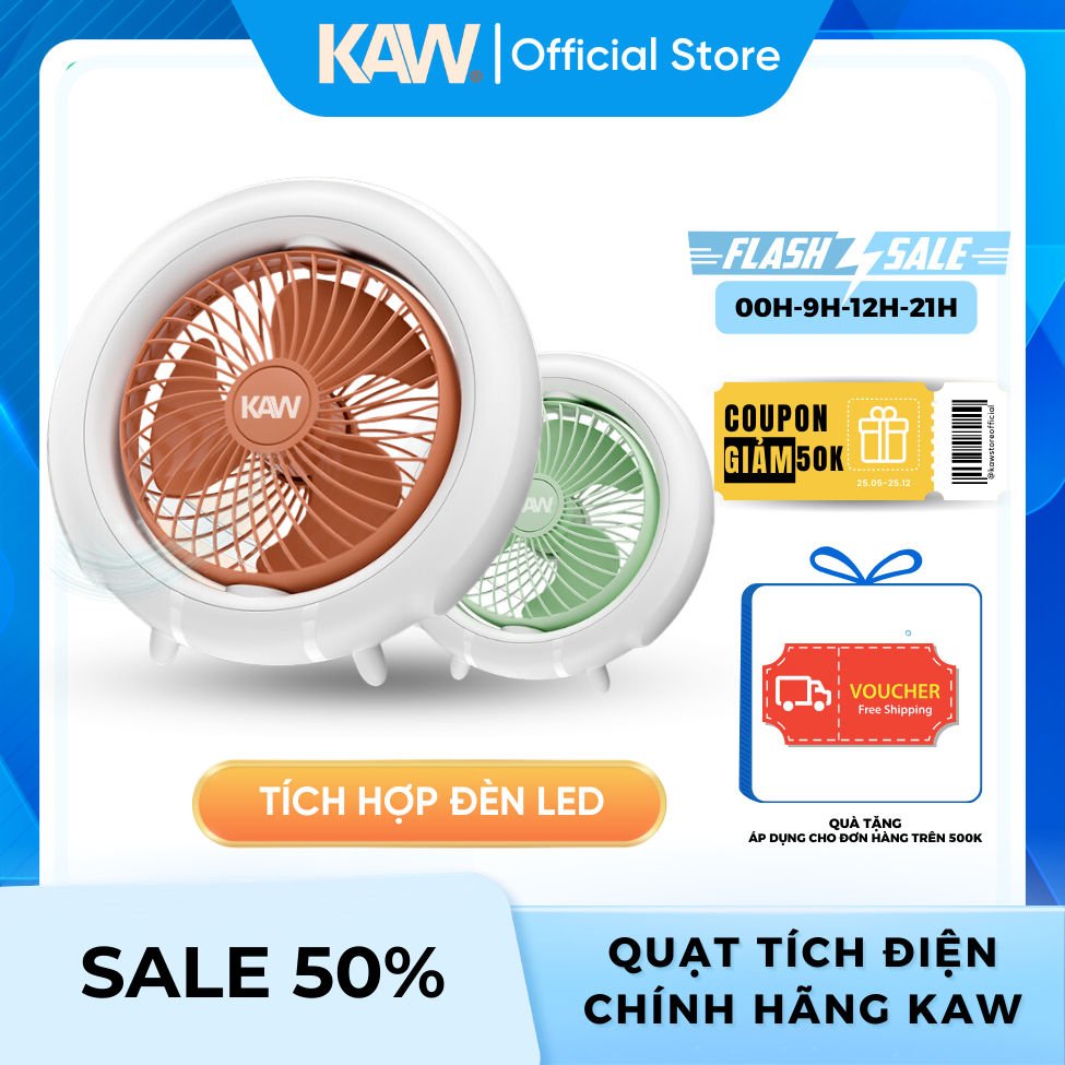 Quạt Tích Điện Để Bàn Chính Hãng KAW, Tích Hợp Đèn LED, Pin Trâu, Bảo Hành 12 Tháng