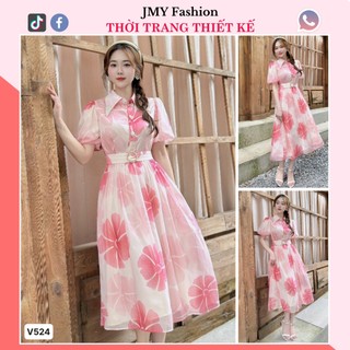 V524 Váy tơ hoa hồng dáng xòe dài sang chảnh [TH Hà Thanh] váy voan sơ mi hoa tay bồng nữ tính