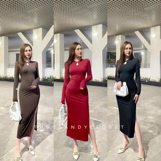 Đầm body chất thun gân xẻ tà tay dài 3 màu tôn dáng tôn da siêu xinh