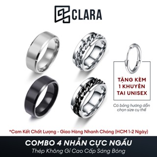  Combo 4 nhẫn nam trơn bạc thép titan không gỉ. Nhẫn xoay phối dây xích màu bạc đen - Clara 