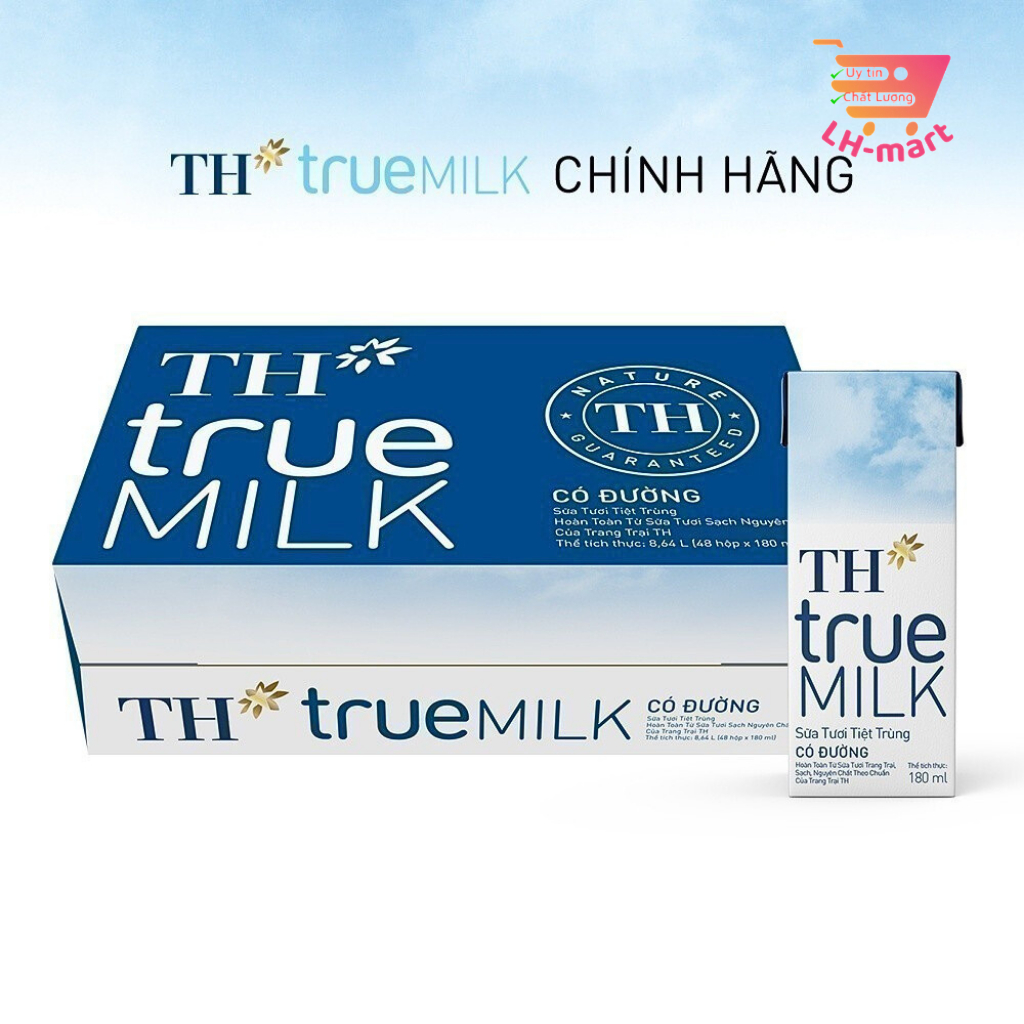 Thùng 48 hộp sữa tươi tiệt trùng có đường, không đường, ít đường TH True Milk 180ml (180ml x 48)