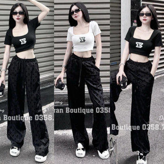 Set bộ tăm lạnh áo thun u tay ngắn in logo lờ vê + quần ống xuông rộng in lờ vê
