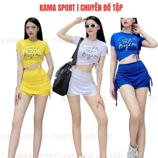 Bộ thể thao nữ gồm chân váy dây rút và áo croptop chất thun co giãn tập gym, zumba, aerobic, dance