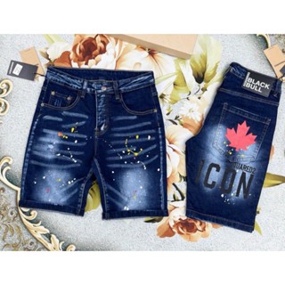 Quần short jean nam DSQ2 xanh in họa tiết lá phong đỏ ICON  sau túi phong cách cao cấp