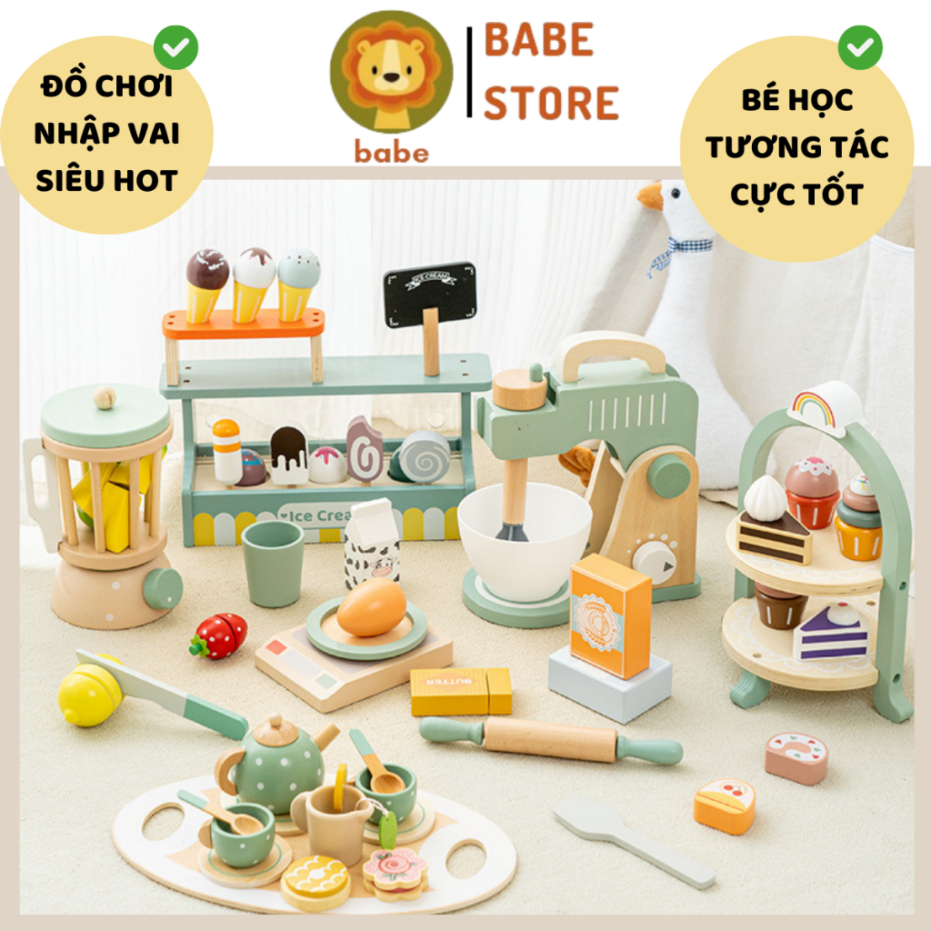 Bộ Đồ Chơi Gỗ Nhập Vai Tiệc Trà Chiều, Cửa Hàng Bánh Ngọt, Cửa Hàng Kem Hãng KABI cho bé Montessori
