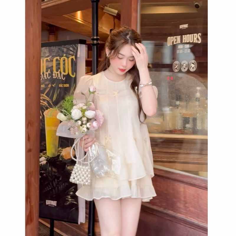 Set áo tơ xoè đính nơ tay bồng Dilyshop chất tơ mềm nhẹ kèm chân váy xoè hai tầng phong cách trẻ trung | BigBuy360 - bigbuy360.vn