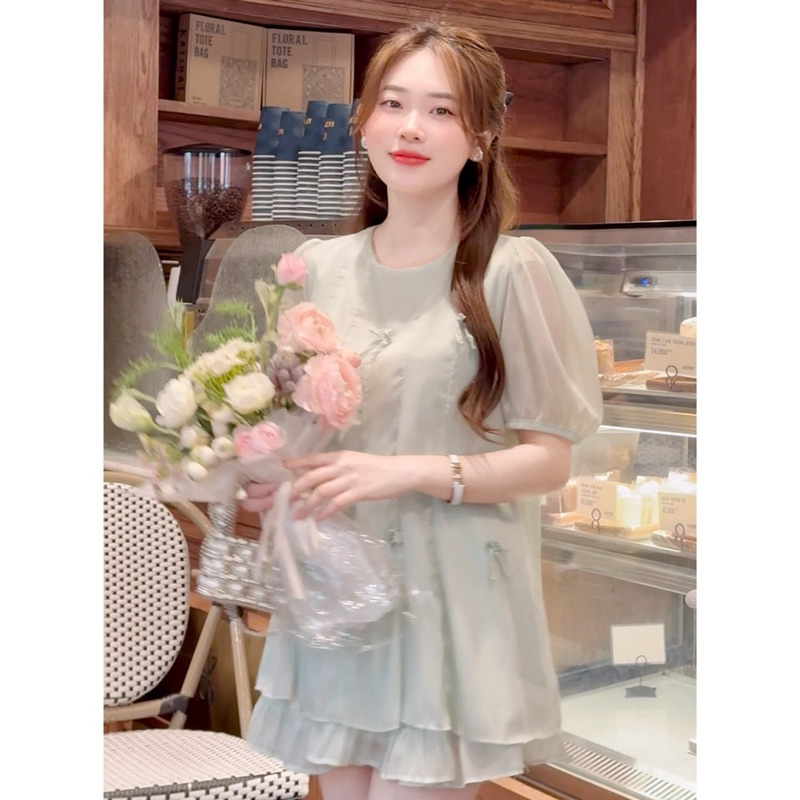 Set áo tơ xoè đính nơ tay bồng Dilyshop chất tơ mềm nhẹ kèm chân váy xoè hai tầng phong cách trẻ trung | BigBuy360 - bigbuy360.vn