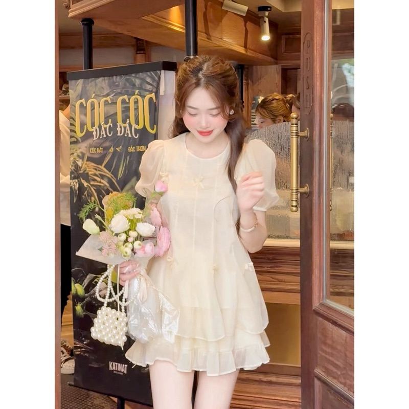 Set áo tơ xoè đính nơ tay bồng Dilyshop chất tơ mềm nhẹ kèm chân váy xoè hai tầng phong cách trẻ trung | BigBuy360 - bigbuy360.vn