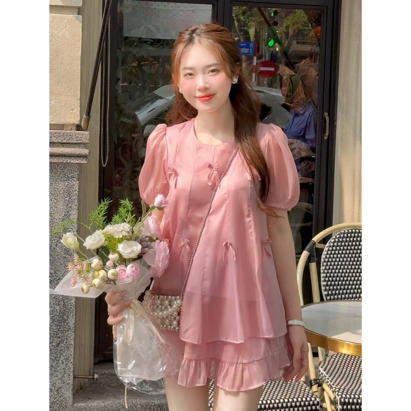 Set áo tơ xoè đính nơ tay bồng Dilyshop chất tơ mềm nhẹ kèm chân váy xoè hai tầng phong cách trẻ trung | BigBuy360 - bigbuy360.vn