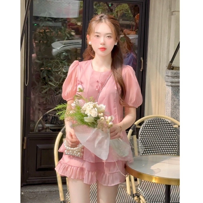 Set áo tơ xoè đính nơ tay bồng Dilyshop chất tơ mềm nhẹ kèm chân váy xoè hai tầng phong cách trẻ trung | BigBuy360 - bigbuy360.vn