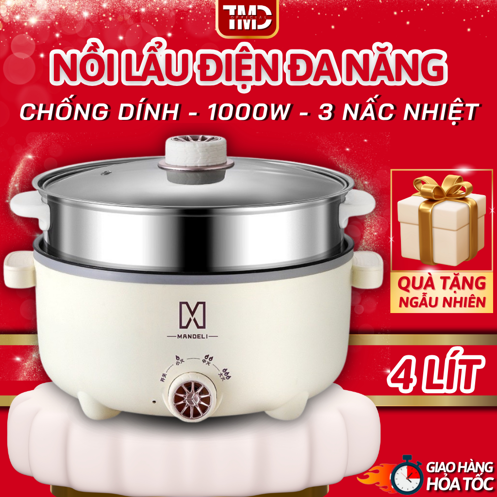 Nồi Lẩu Điện Mini MANDELI, Nồi Điện Đa Năng Kèm Xửng Hấp Inox Dung Tích 4L Phù Hợp Cho Gia đình 4-6 Người