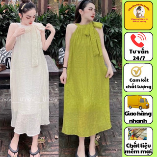 Váy bầu cổ yếm siêu voan lụa  xinh tiểu thư  ,dáng xuông mặc thoải mái  v02