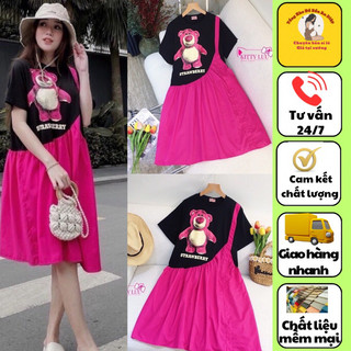 Váy bầu cộc tay babydoll hình  gấu chất liệu cotton M123