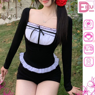 Áo thun nữ tay dài cổ vuông buộc nơ trước ngực Điệu Fashion, Áo kiểu nữ tay dài viền bèo phong cách tiểu thư-A58