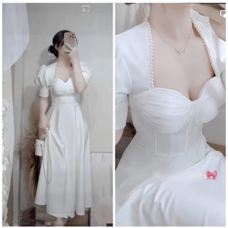 Đầm trắng đi tiệc, váy cô dâu đi bàn tay phòng dáng xòe đính ngọc trai sang chảnh, tôn dáng