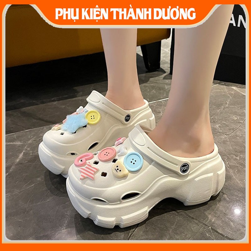 Dép nữ, Dép Cross đế cao 5cm, Dép Crocs nữ, Sticker Gấu ngôi sao cúc áo dễ thương