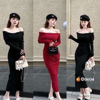 Đầm body tay dài bẹt trễ vai gấp bản to chất thun tăm hot hit MS0078