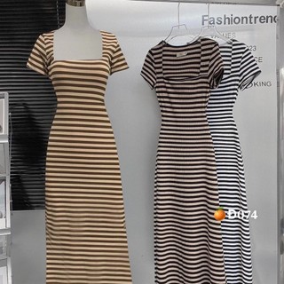 Đầm váy nữ midi tay ngắn cổ vuông màu sọc ngang xinh, chất thun tăm lụa mát MS0082