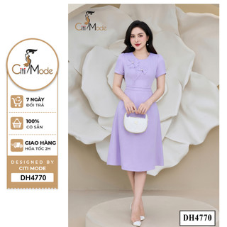 Đầm công sở CITI MODE FASHION thiết kế dáng xoè tím cổ tròn đính hoa ngực DH4770