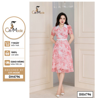 Đầm công sở CITI MODE FASHION thiết kế dáng xoè hoạ tiết hồng phối đai eo trắng DH4796