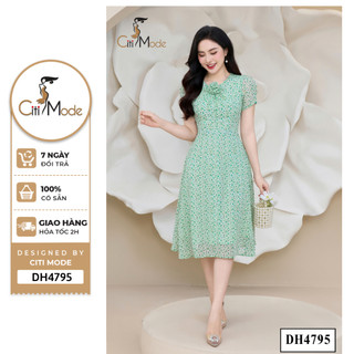 Đầm công sở CITI MODE FASHION thiết kế dáng xoè hoa nhí xanh đính hoa cổ DH4795