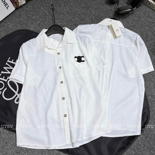 Áo Sơ Mi Trắng Chữ Celin Cộc Tay, Chất Cotton Thoáng Mát Mùa Hè