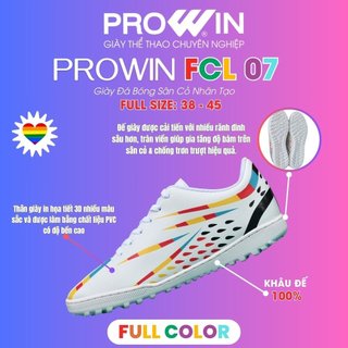 Giày đá bóng sân cỏ nhân tạo Prowin FCL 07 đế cao su khâu Full đế màu trắng hoạ tiết sặc sỡ nổi bật
